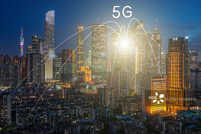 广州城市风光和5G智慧城市大数据概念图片素材