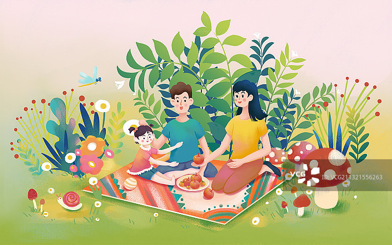 春天一家人在草地上野餐插画海报图片素材