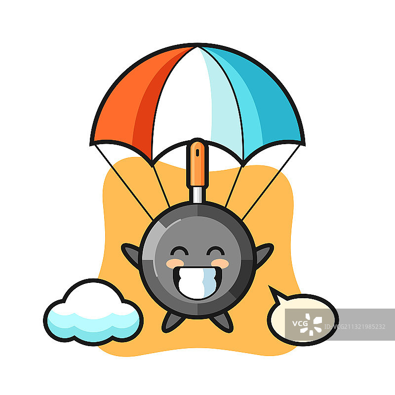 煎锅里的吉祥物卡通是带着快乐跳伞图片素材
