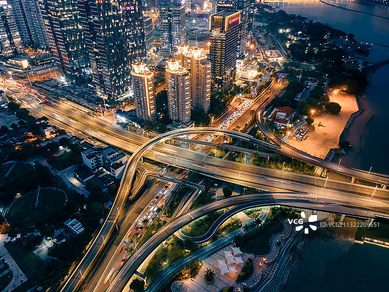 航拍中国城市道路立交桥夜景图片素材