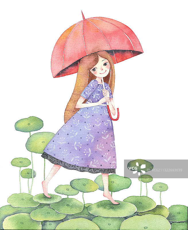 唯美水彩插画打着红色伞踩在铜钱草上的女孩图片素材