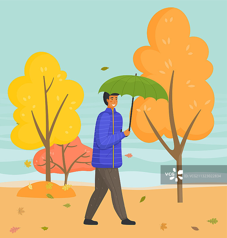 一个年轻人走在秋雨连绵的自然城市公园里图片素材