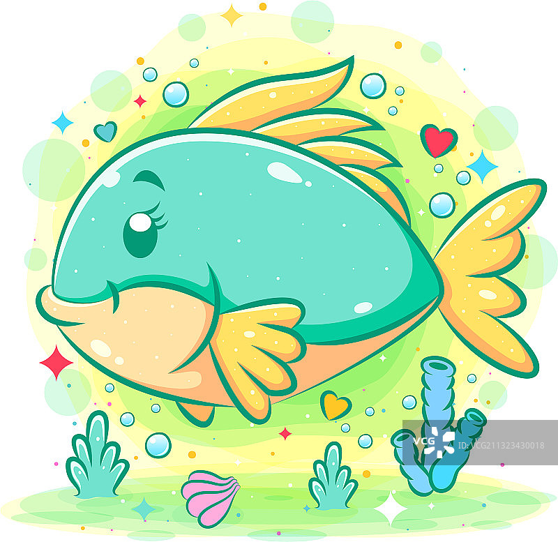绿色可爱的鱼在海底游泳图片素材
