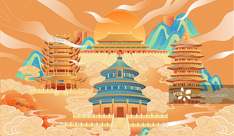 中国古建筑群插画图片素材
