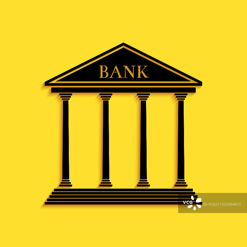 黑色银行大楼图标孤立在黄色上图片素材