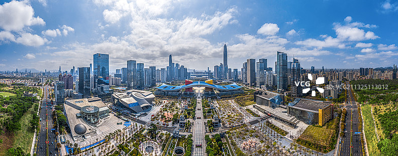 广东深圳市福田区CBD城市中轴线白昼全景航拍图片素材