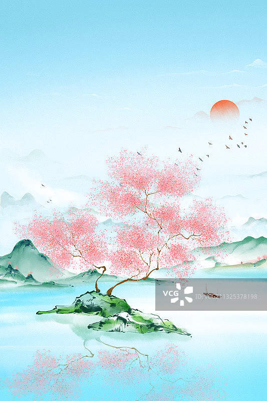 岸边的的桃花树水彩插画图片素材