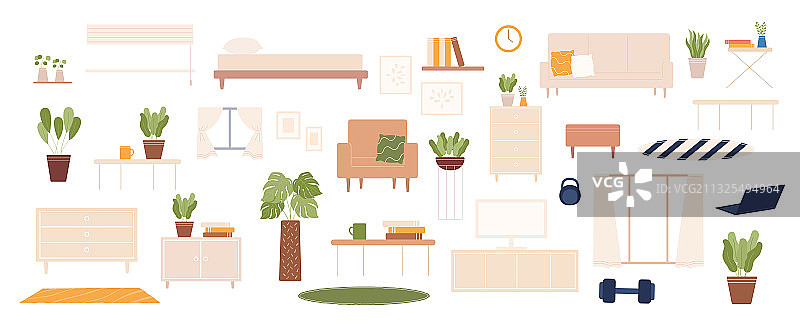 清新简约家具摆设扁平插画素材图片素材