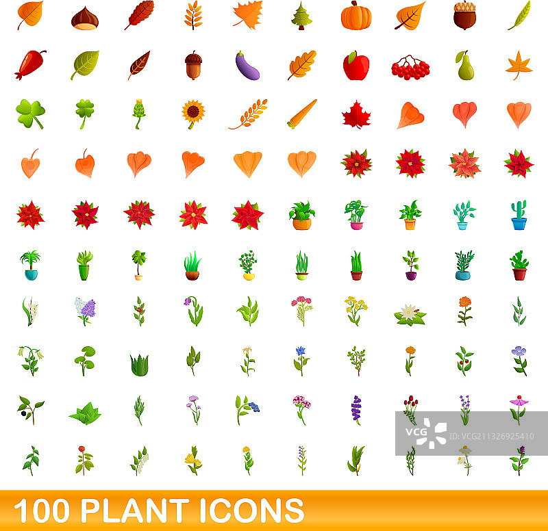 100个植物图标设置卡通风格图片素材