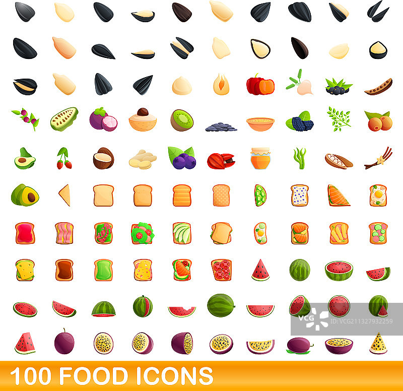 100个食物图标设置卡通风格图片素材