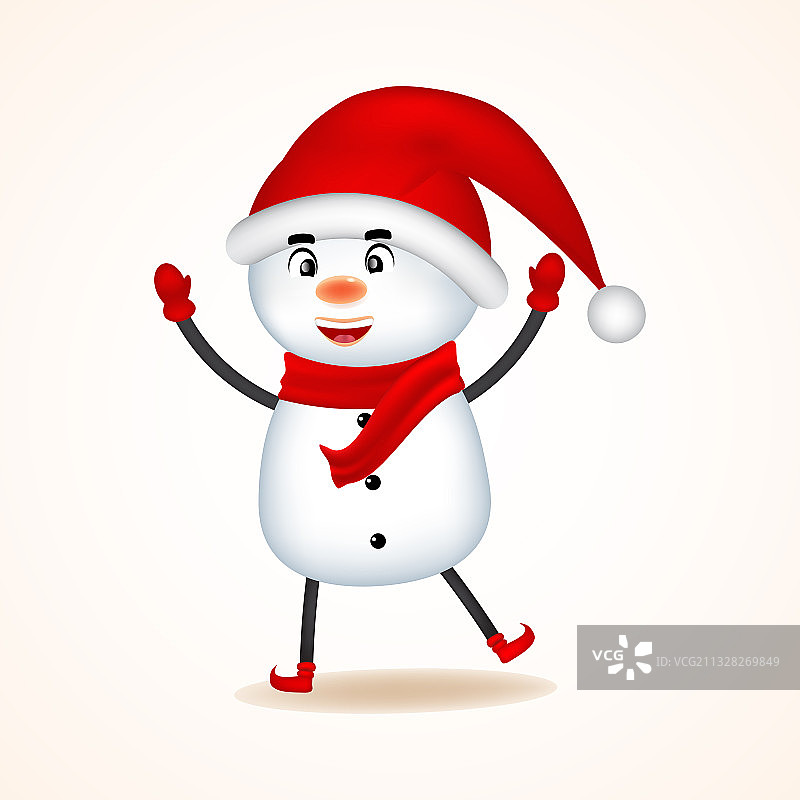 戴着红围巾和圣诞老人帽子的快乐雪人图片素材