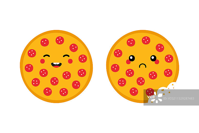 圆形的意大利辣香肠披萨有快乐也有悲伤图片素材
