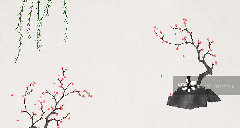 中式插画背景桃花树下图片素材