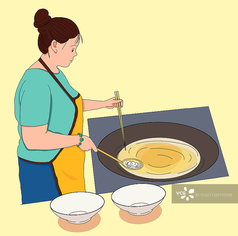 中国传统食物面食女人下面条早餐插画图片素材