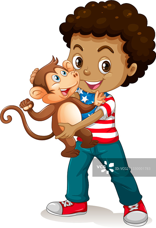 男孩抱着一只小猴子孤立在白色图片素材