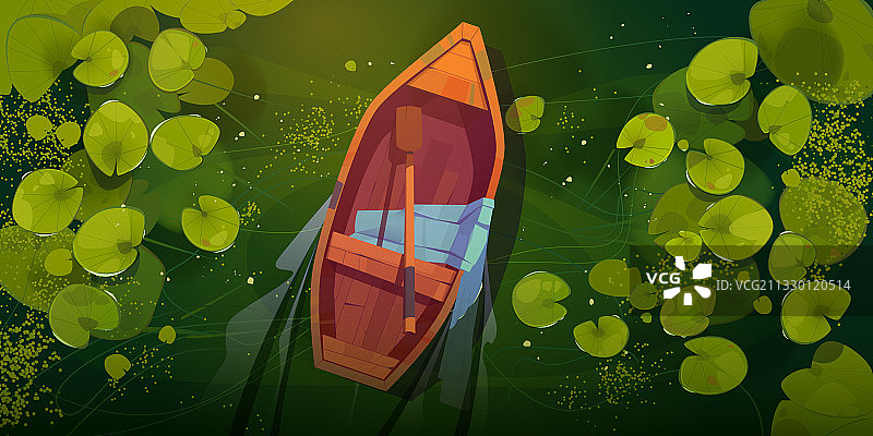 沼泽与船和睡莲叶俯视图图片素材
