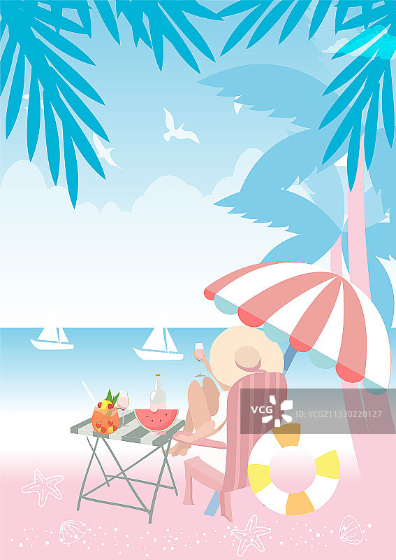 竖版夏季海边沙滩度假女孩矢量插画图片素材