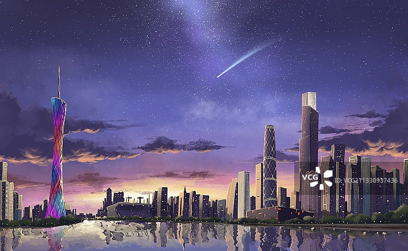广州城市天际线梦幻夜景插画图片素材