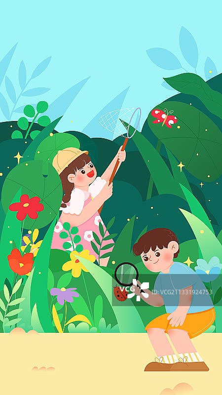 儿童暑假在草丛观察昆虫玩耍矢量插画海报横图图片素材