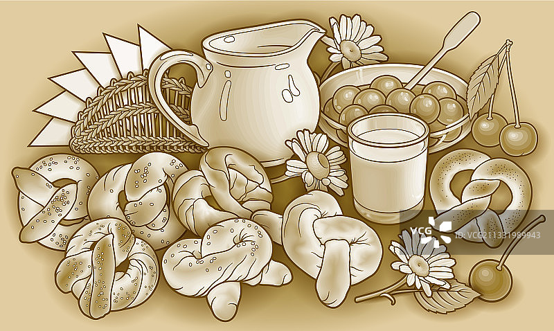 面包，花，牛奶，餐巾，草莓，手绘图片素材