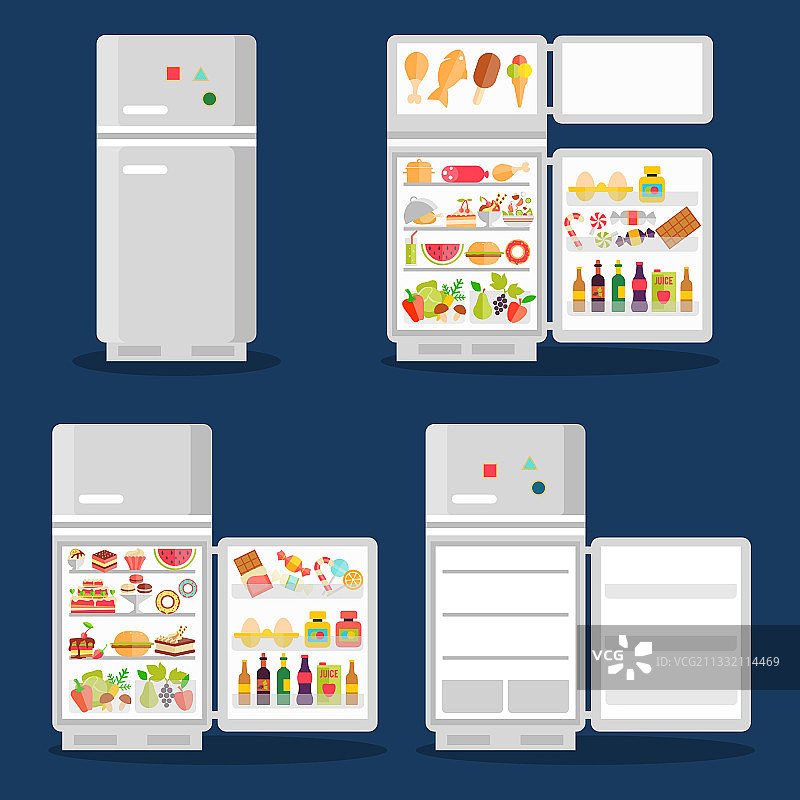 开放式冰箱的食物在扁平的风格图片素材