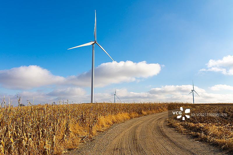 风景风景的风力涡轮机在战场上对天空，伊利诺伊州，美国，美国图片素材