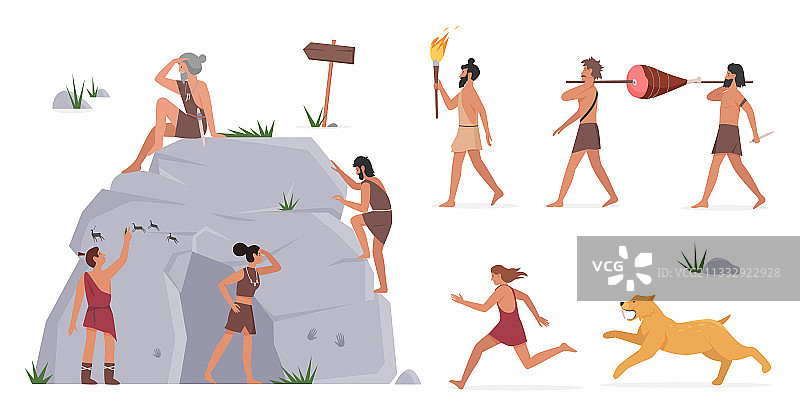 原始部落的人们站在岩画上图片素材