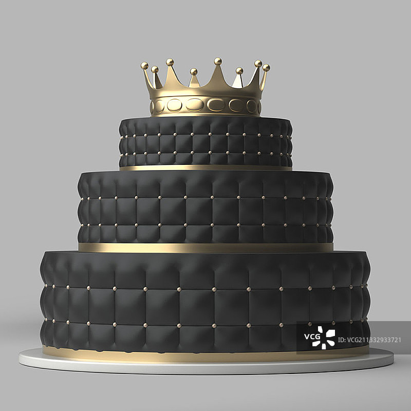 编辑图像的3D黑色三层蛋糕与金色皇冠装饰图片素材