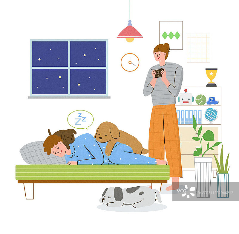 图为一名女子在男子和小狗躺在床上睡觉时拍照图片素材