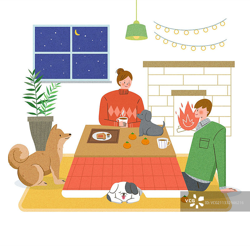一对夫妇坐在壁炉旁给小狗喝咖啡的插图图片素材