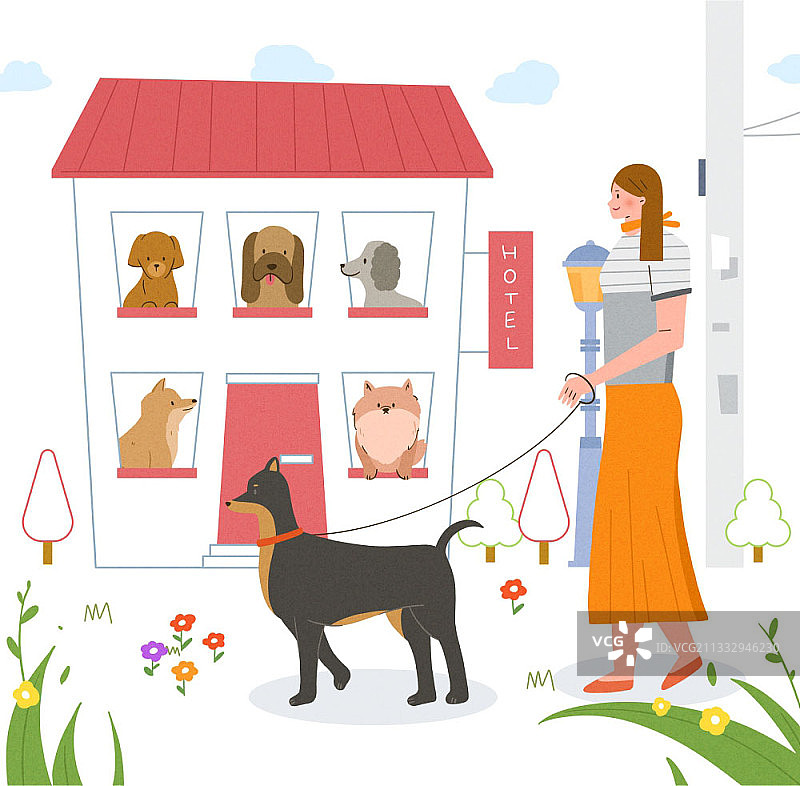 插图的女人与狗散步在宠物酒店图片素材