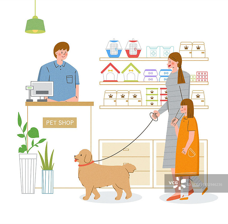 母亲和女儿与小狗在宠物店购物的插图图片素材