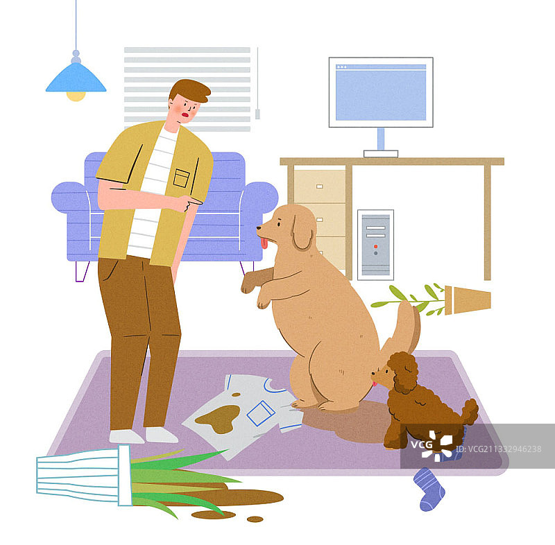 一幅男人斥责在客厅弄得一团糟的小狗的插图图片素材