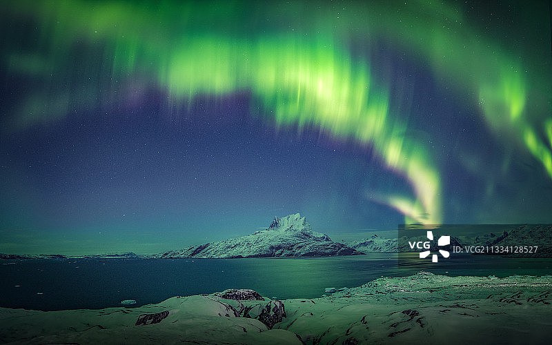 冬季冰岛雪地绿色极光图片素材