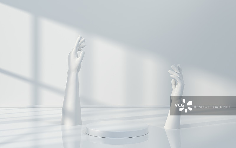 白色背景下的手臂雕塑与置物台 3D渲染图片素材