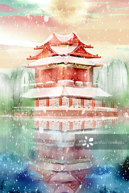 中国风故宫冬天风景插画背景图片素材