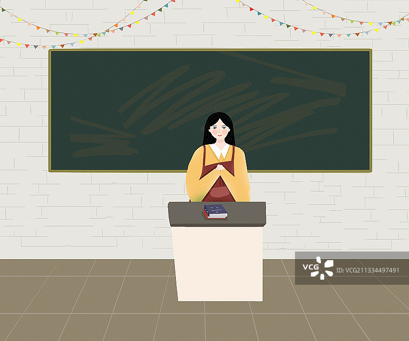 教室里有个站在讲桌旁的女老师图片素材