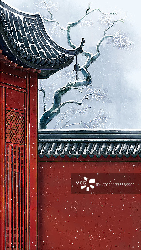古建筑冬天风景中国风手绘插画图片素材