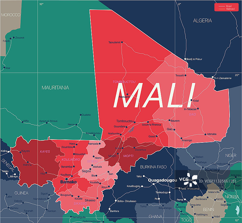 马里国家详细可编辑地图图片素材