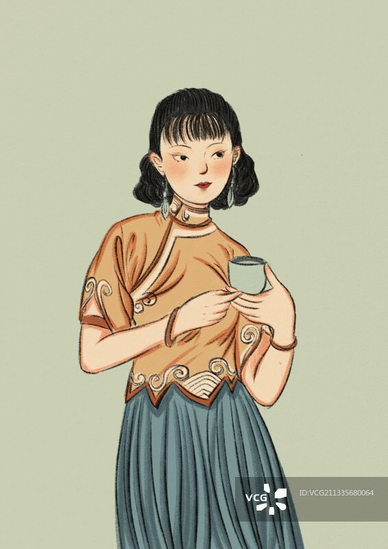 喝茶的旗袍女孩图片素材