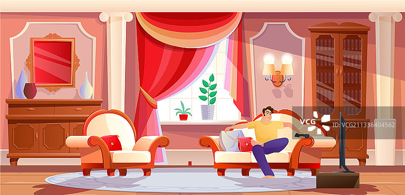 在明亮的客厅里，男人在电视机前休息图片素材