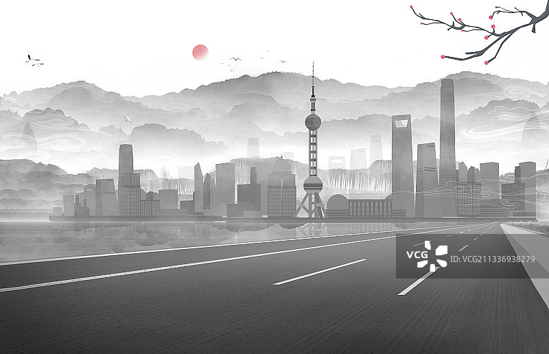 一条公路通往上海建筑群中国风插画图片素材