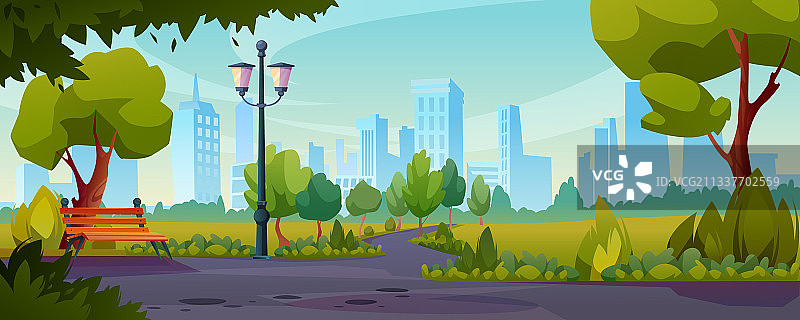 公园小径绿树长凳城市景观背景图片素材