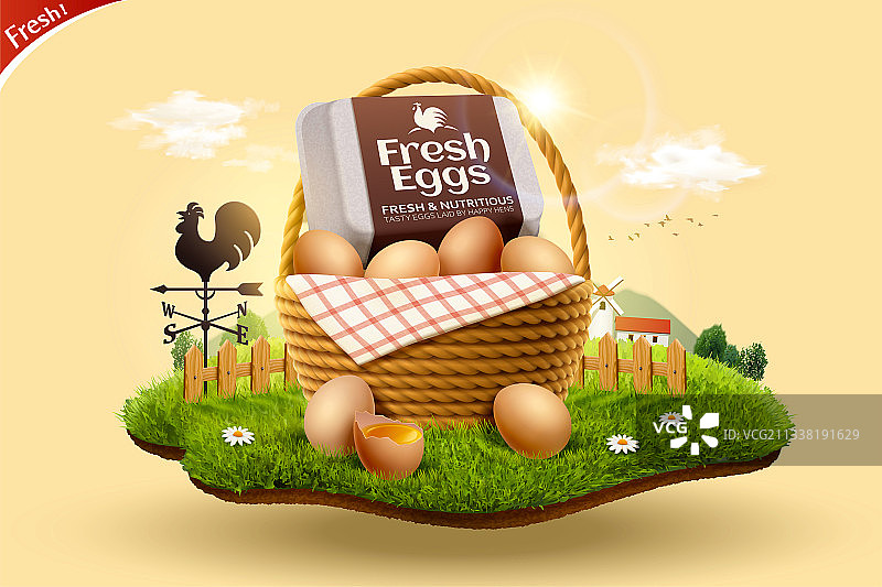 新鲜农场土鸡蛋三维写实广告横幅图片素材