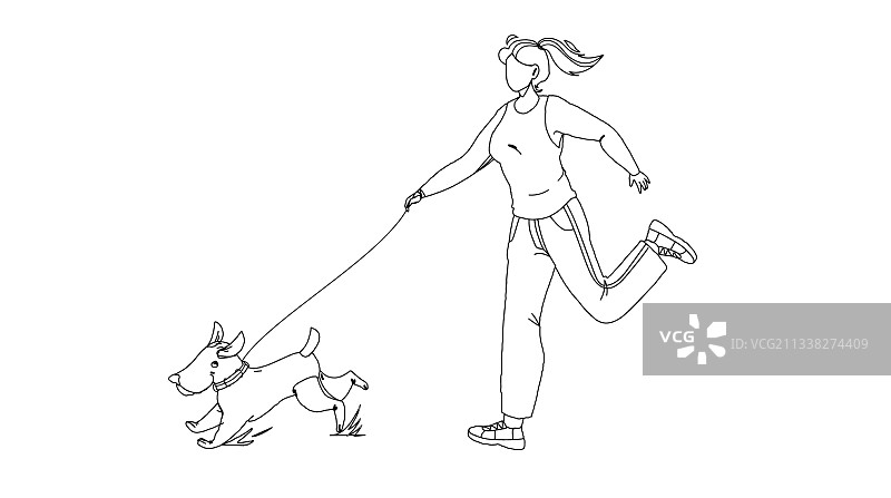 宠物和女孩在公园散步和跑步图片素材