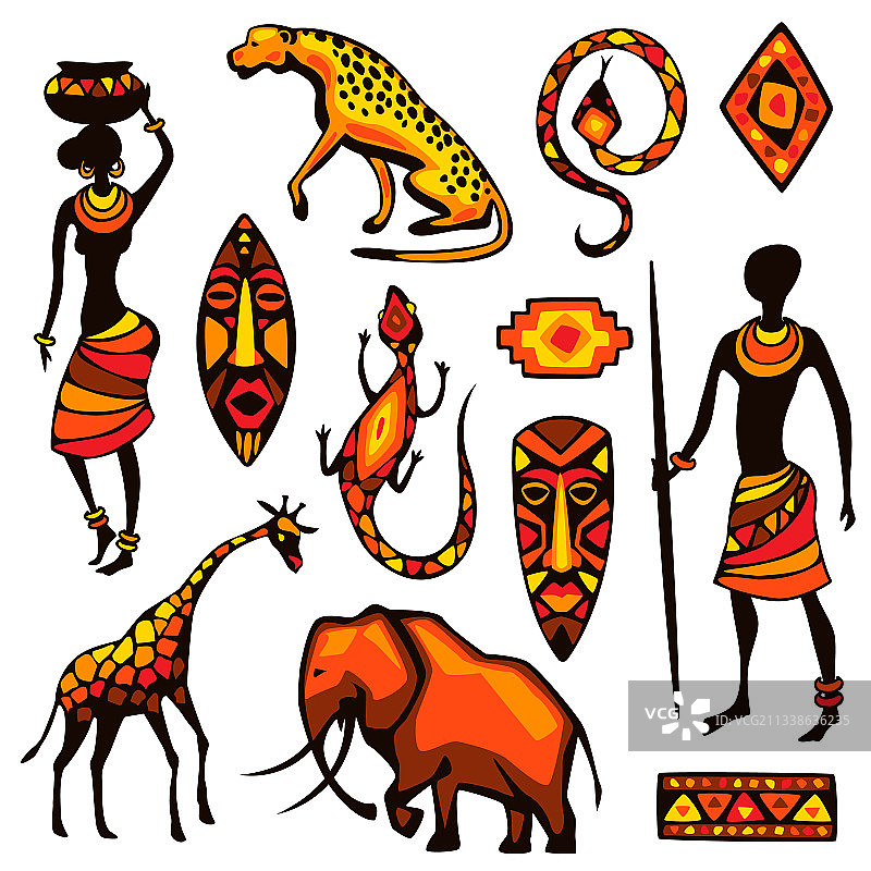 设置非洲民族物品，人，动物和图片素材