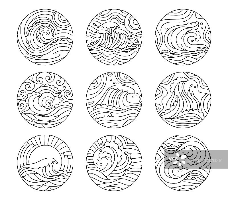 海浪涂鸦圆形图案集点缀图片素材