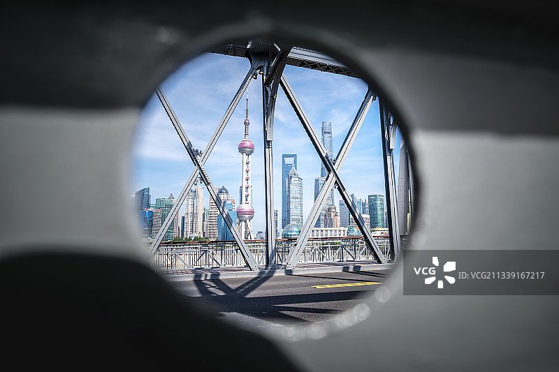 上海交通地标外滩外白渡桥圆形相框视角浦东陆家嘴图片素材