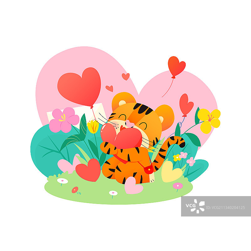 虎年可爱卡通小老虎抱着爱心在花丛中矢量插画海报图片素材