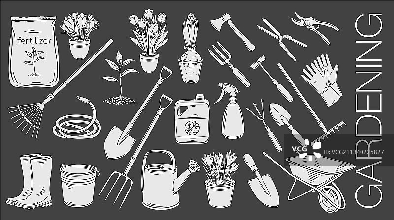 园艺工具和植物或花的图标图片素材